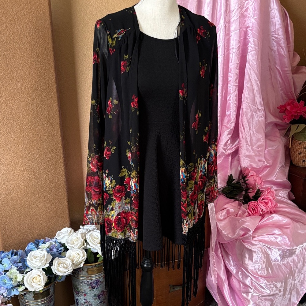 Cotton Candy Black Floral Fringe Kimono with Red & Green Accents